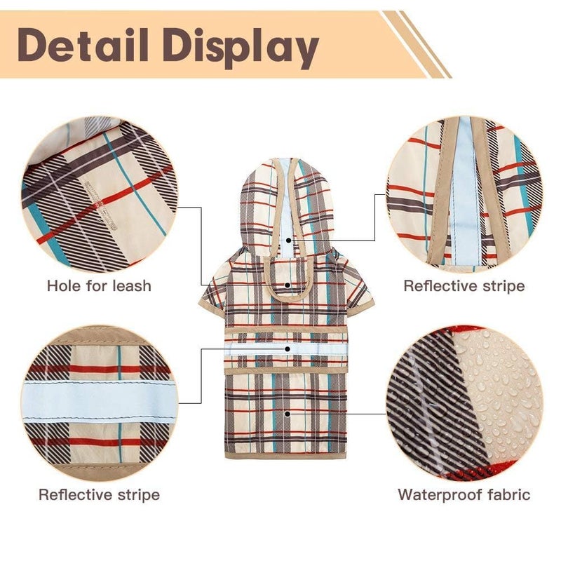 KOOLTAIL Dog Raincoat Hooded Slicker Poncho with Leash Hole, Raincoat for Small Medium Dogs, Waterproof Doggie Rain Jacket with Reflective Strip, Adjustable Breathable Plaid Puppy Rainwear,Beige S - Image 2